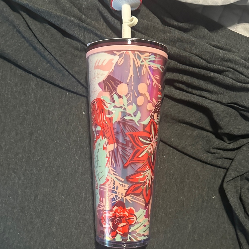 Starbucks floral and animal print Tumbler with Red Silicone mushroomStraw Topper